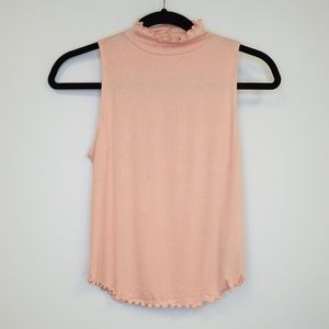 GUESS Sleeveless Mock Neck Ruffled Trim Top Rose S